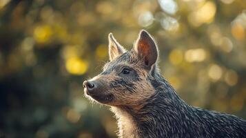 A pig with a dirty face stands in a field of trees photo