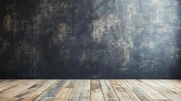 A large, empty room with a wooden floor and a wall with a textured surface photo