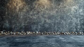 A wall with a grey background and a row of rocks on the floor photo