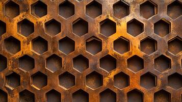 The image is of a metal surface with a pattern of hexagons photo