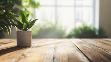 A potted plant sits on a wooden table in front of a window photo