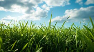 A field of green grass with a clear blue sky in the background photo
