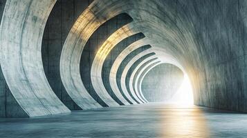 A long tunnel with a light shining through it photo