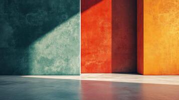 A room with three walls of different colors, with a white wall in the middle photo