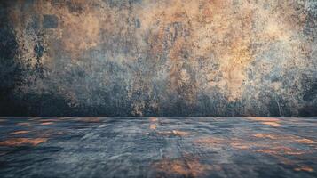 A large, empty room with a wall that is covered in a textured, weathered look photo