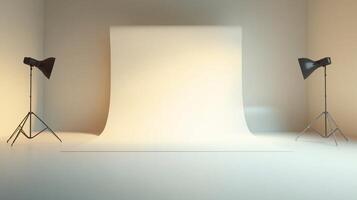 A white backdrop with two lights on either side of it photo