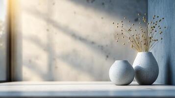Two white vases with flowers in them sit on a table in front of a window photo
