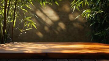 A wooden table with a view of trees and a wall in the background photo