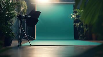 A green backdrop with a camera and tripod set up in front of it photo