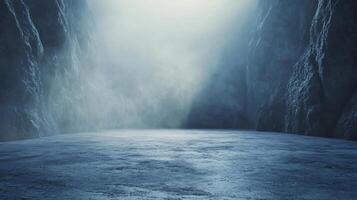 A large, empty, and desolate valley with a foggy mist photo