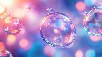 A series of colorful, glowing bubbles floating in the air photo