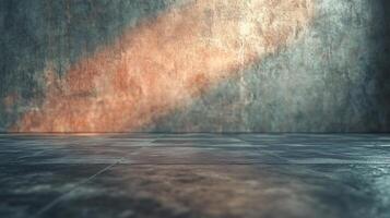 A large empty room with a wall that is covered in a textured photo