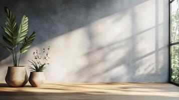 A room with a large window and a plant in a vase photo
