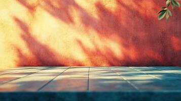 A wall with a shadow on it and a tree branch in the background photo