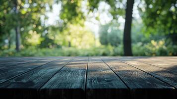A wooden table with a view of trees and a bright sunny day photo