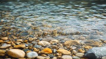 The water is calm and clear, with rocks scattered throughout the surface photo