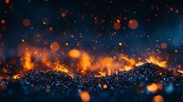 The image is a black and white photo of a fire with orange sparks