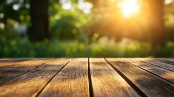A wooden table with a view of trees and a sun in the background photo