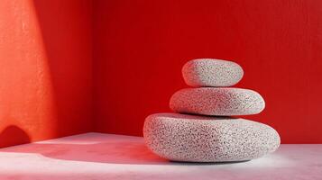 Three white rocks are stacked on top of each other in front of a red wall photo