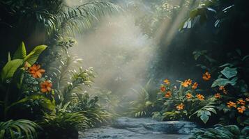 A lush jungle with a path leading through it photo