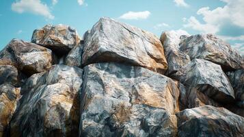 A large pile of rocks with a cloudy sky in the background photo