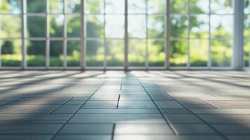 A large window with a view of trees and a floor with a pattern of squares photo