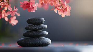 A stack of black stones is placed on a table next to a pink flower photo