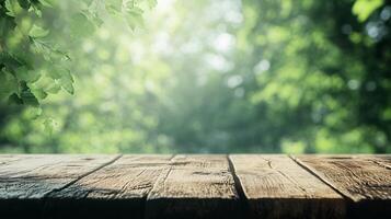 A wooden table with a view of trees and leaves photo