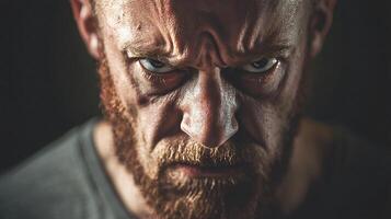 A man with a beard and a shirt on has a look of anger on his face photo