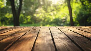 A wooden table with a view of trees and a bright sunny day photo
