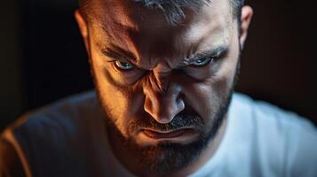 A man with a beard and a scowl on his face photo
