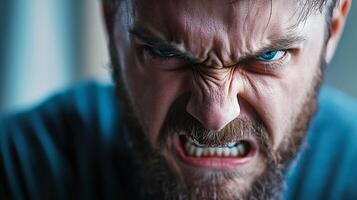 A man with a beard and blue eyes is angry and has his mouth open photo