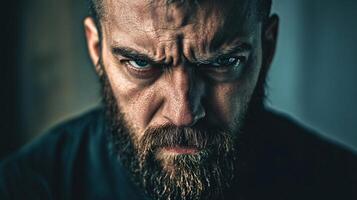 A man with a beard and a beard is looking at the camera with a scowl on his face photo