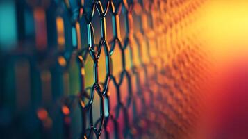 A close up of a chain link fence with a colorful background photo