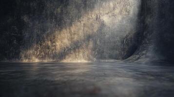 A large empty room with a wall that is covered in a textured, grainy surface photo