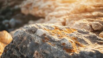 A large rock with a yellowish tint and some moss growing on it photo