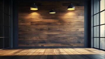 A large empty room with wooden walls and a window photo