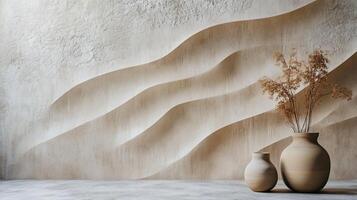 A vase with flowers sits on a table in front of a wall with a wave pattern photo