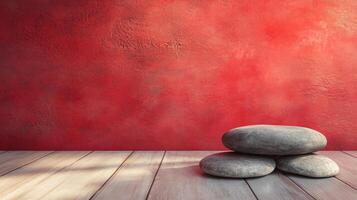 A wall with a red background and three large rocks on top of it photo
