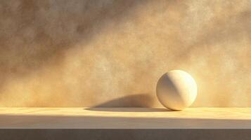 A white ball is sitting on a shelf in front of a wall photo