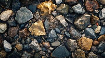 A close up of a rock wall with a variety of different colored rocks photo