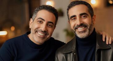 Happy middle eastern men duo smiling indoors for friendship and togetherness concept photo