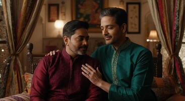 Intimate connection between two south asian men in traditional attire in elegant setting photo