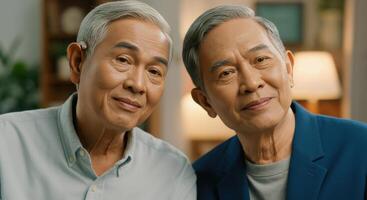 Elderly asian male couple posing indoors with warm smiles capturing friendship and contentment photo