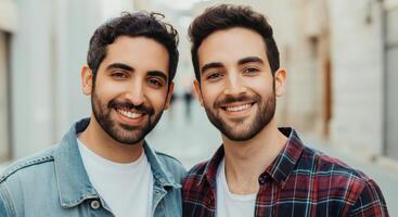 Smiling young middle eastern males in urban street setting depicting friendship and joy photo