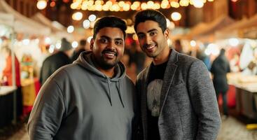 Two young men enjoying an evening at a festive street market photo