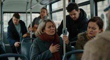Urban commute conflict with diverse passengers in tense exchange on crowded bus photo