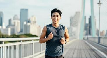 Young asian male jogger smiling on urban bridge with city skyline in background photo