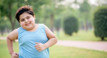Young hispanic boy running cheerfully in a green park setting for health and fitness concept photo