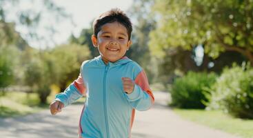 Joyful hispanic child running in a parkful outdoor setting on a sunny day photo